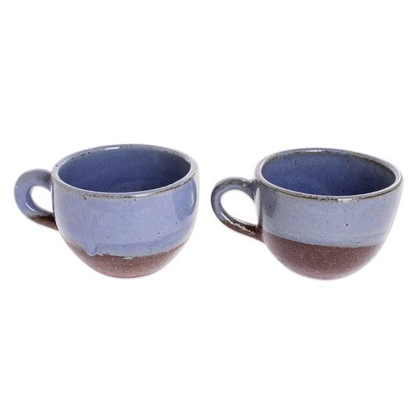 Alternate image for Blue and Brown Ceramic Coffee Cups from Honduras Pair Sea Blue Morning
