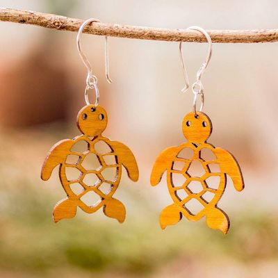 Primary image for Sea Turtle-Themed Reclaimed Wood Dangle Earrings in Yellow Yellow Marine Adventure