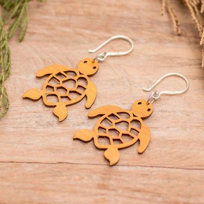 Alternate image for Sea Turtle-Themed Reclaimed Wood Dangle Earrings in Yellow Yellow Marine Adventure