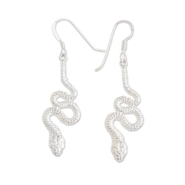 Alternate image for Silver Snake Dangle Earrings in a Polished Finish Sinuous Slyness