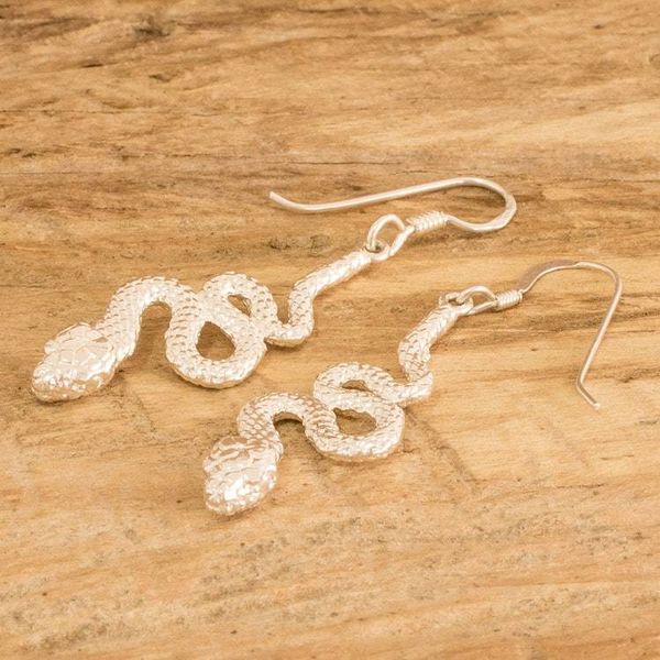 Alternate image for Silver Snake Dangle Earrings in a Polished Finish Sinuous Slyness