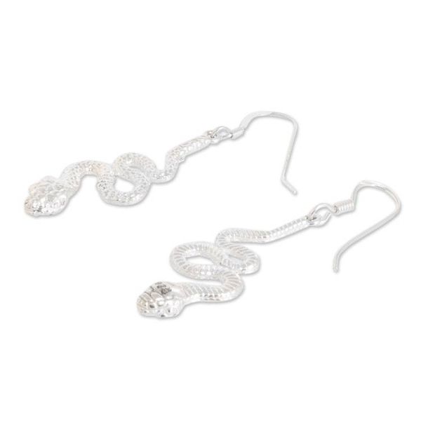 Alternate image for Silver Snake Dangle Earrings in a Polished Finish Sinuous Slyness
