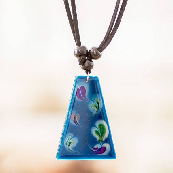 Alternate image for Blue Trapezoid Art Glass Pendant Necklace from Costa Rica Deep Sea Currents