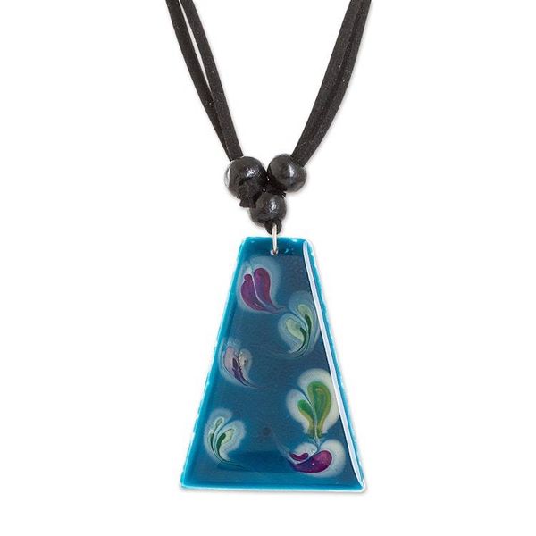 Alternate image for Blue Trapezoid Art Glass Pendant Necklace from Costa Rica Deep Sea Currents