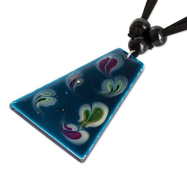 Alternate image for Blue Trapezoid Art Glass Pendant Necklace from Costa Rica Deep Sea Currents