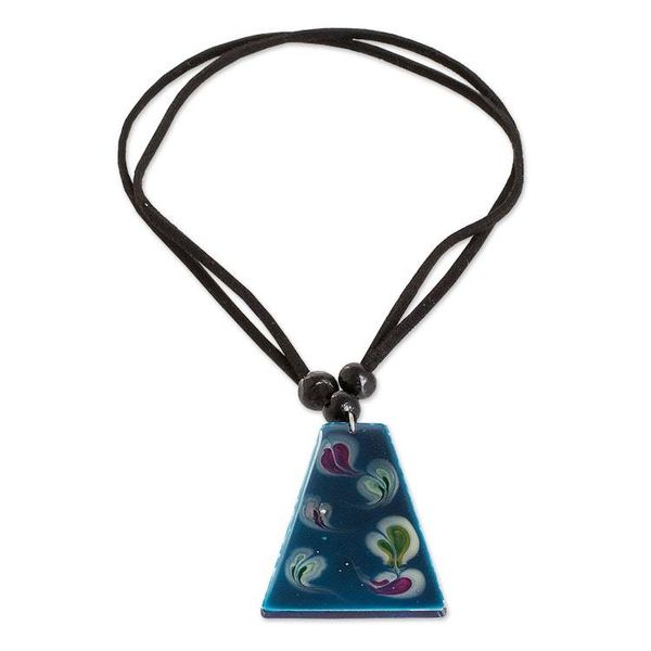 Alternate image for Blue Trapezoid Art Glass Pendant Necklace from Costa Rica Deep Sea Currents