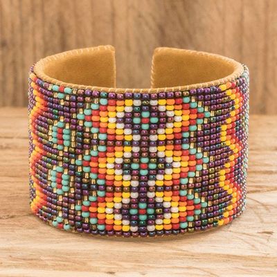 Alternate image for Beaded Leather and Suede Cuff Bracelet Handmade in Guatemala Geometric Diversity in Purple