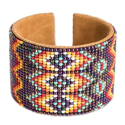 Alternate image for Beaded Leather and Suede Cuff Bracelet Handmade in Guatemala Geometric Diversity in Purple