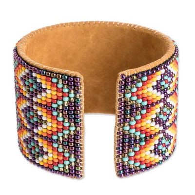 Alternate image for Beaded Leather and Suede Cuff Bracelet Handmade in Guatemala Geometric Diversity in Purple