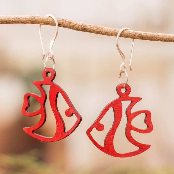 Alternate image for Eco-Friendly Reclaimed Wood Red Earrings with Fish Design Red Aquatic Dream
