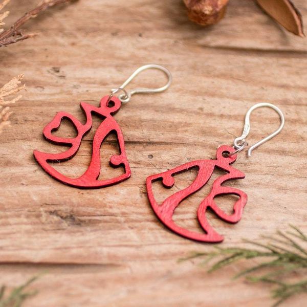 Alternate image for Eco-Friendly Reclaimed Wood Red Earrings with Fish Design Red Aquatic Dream