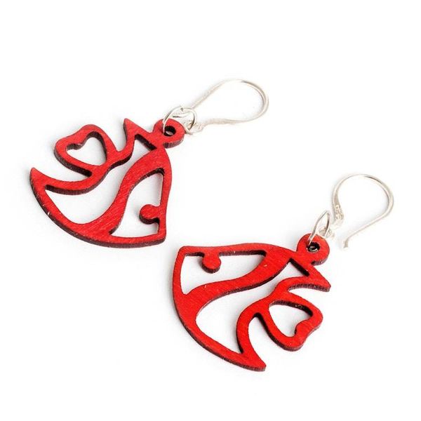 Alternate image for Eco-Friendly Reclaimed Wood Red Earrings with Fish Design Red Aquatic Dream