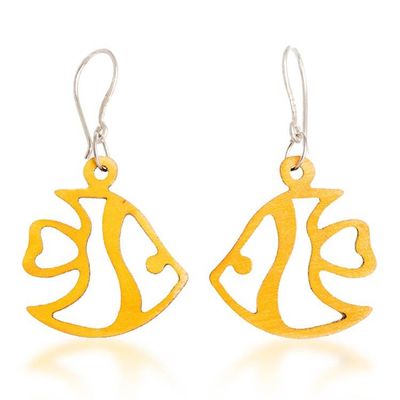 Alternate image for Yellow Fish-Themed Eco-Friendly Reclaimed Wood Earrings Yellow Aquatic Dream