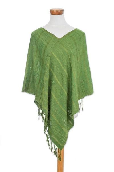 Alternate image for Textured Cotton Poncho in Green from Guatemala Forest Texture