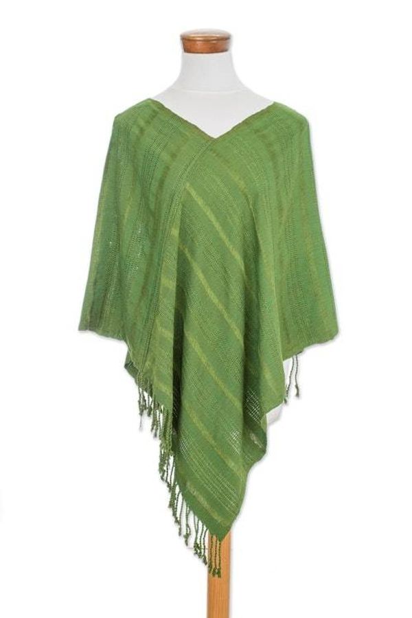 Alternate image for Textured Cotton Poncho in Green from Guatemala Forest Texture