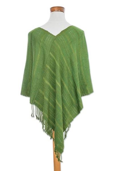 Alternate image for Textured Cotton Poncho in Green from Guatemala Forest Texture