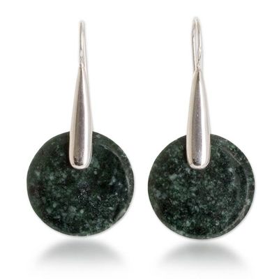 Alternate image for Modern Sterling Silver Drop Earrings with Dark Green Jade Dark Circle of Luck