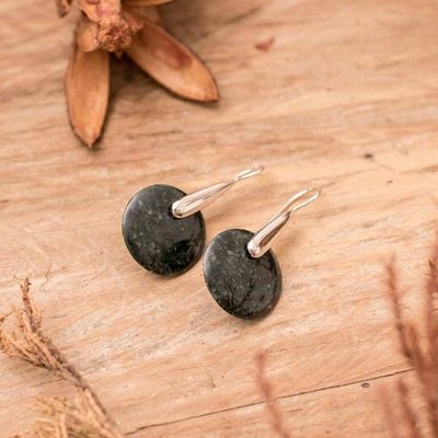 Alternate image for Modern Sterling Silver Drop Earrings with Dark Green Jade Dark Circle of Luck