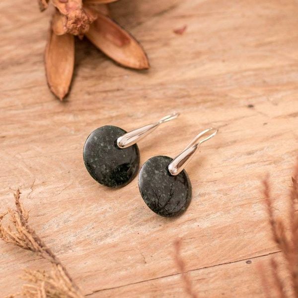 Alternate image for Modern Sterling Silver Drop Earrings with Dark Green Jade Dark Circle of Luck