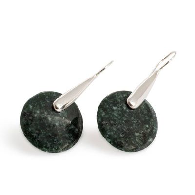 Alternate image for Modern Sterling Silver Drop Earrings with Dark Green Jade Dark Circle of Luck