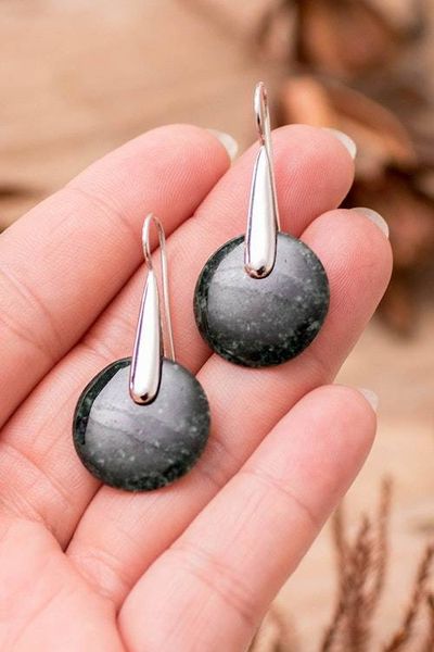 Alternate image for Modern Sterling Silver Drop Earrings with Dark Green Jade Dark Circle of Luck