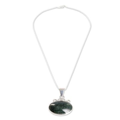Alternate image for Sterling Silver Necklace with Dark Green Jade Oval Pendant Mayan Ovals