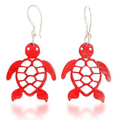 Alternate image for Eco-Friendly Reclaimed Wood Earrings with Sea Turtle Motif Red Marine Adventure