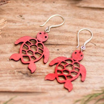 Alternate image for Eco-Friendly Reclaimed Wood Earrings with Sea Turtle Motif Red Marine Adventure