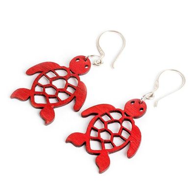 Alternate image for Eco-Friendly Reclaimed Wood Earrings with Sea Turtle Motif Red Marine Adventure