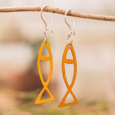 Primary image for Eco-Friendly Reclaimed Wood Abstract Fish Earrings in Yellow Yellow Aquatic Dance