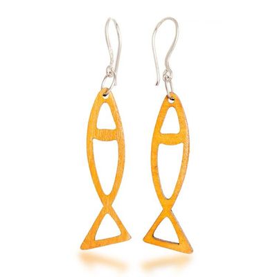 Alternate image for Eco-Friendly Reclaimed Wood Abstract Fish Earrings in Yellow Yellow Aquatic Dance