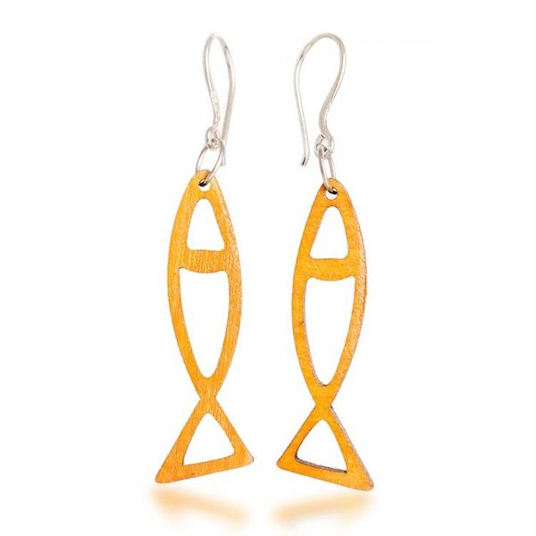 Alternate image for Eco-Friendly Reclaimed Wood Abstract Fish Earrings in Yellow Yellow Aquatic Dance