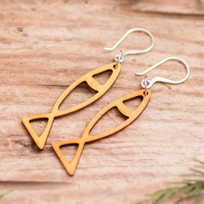 Alternate image for Eco-Friendly Reclaimed Wood Abstract Fish Earrings in Yellow Yellow Aquatic Dance