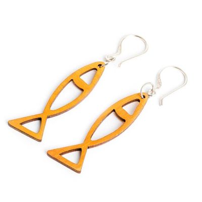 Alternate image for Eco-Friendly Reclaimed Wood Abstract Fish Earrings in Yellow Yellow Aquatic Dance