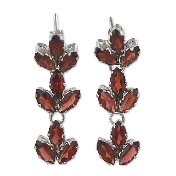 Alternate image for Garnet and Sterling Silver Leafy Dangle Earrings from India Radiant Red Leaves