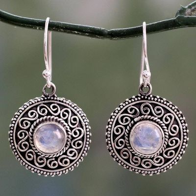 Alternate image for Rainbow Moonstone Earrings with Oxidized Silver Accents Moonlight Mandala