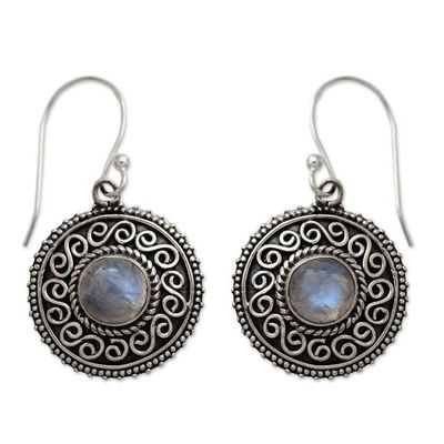 Alternate image for Rainbow Moonstone Earrings with Oxidized Silver Accents Moonlight Mandala