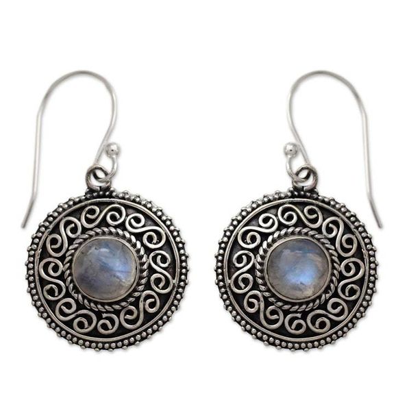 Alternate image for Rainbow Moonstone Earrings with Oxidized Silver Accents Moonlight Mandala