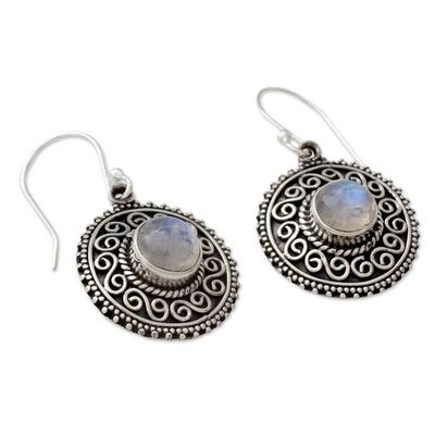 Alternate image for Rainbow Moonstone Earrings with Oxidized Silver Accents Moonlight Mandala