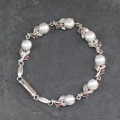 Alternate image for Pearl and Ruby Floral Silver Link Bracelet from India Natures Bounty