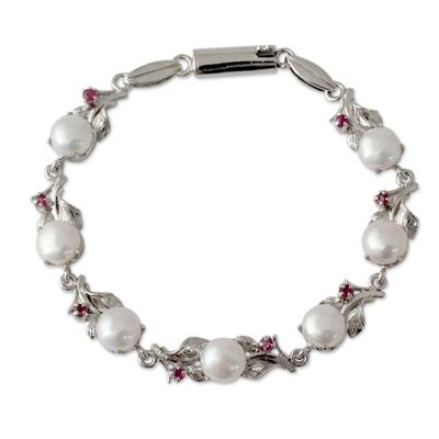 Alternate image for Pearl and Ruby Floral Silver Link Bracelet from India Natures Bounty