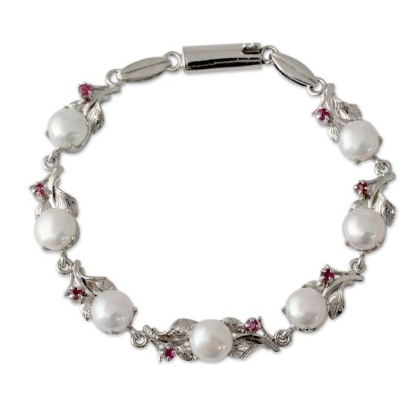 Alternate image for Pearl and Ruby Floral Silver Link Bracelet from India Natures Bounty