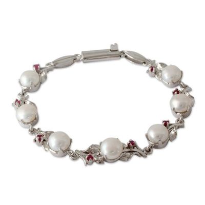 Alternate image for Pearl and Ruby Floral Silver Link Bracelet from India Natures Bounty