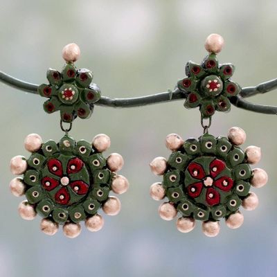 Alternate image for Green and Gold Ceramic Dangle Earrings from India Woodland Wonder
