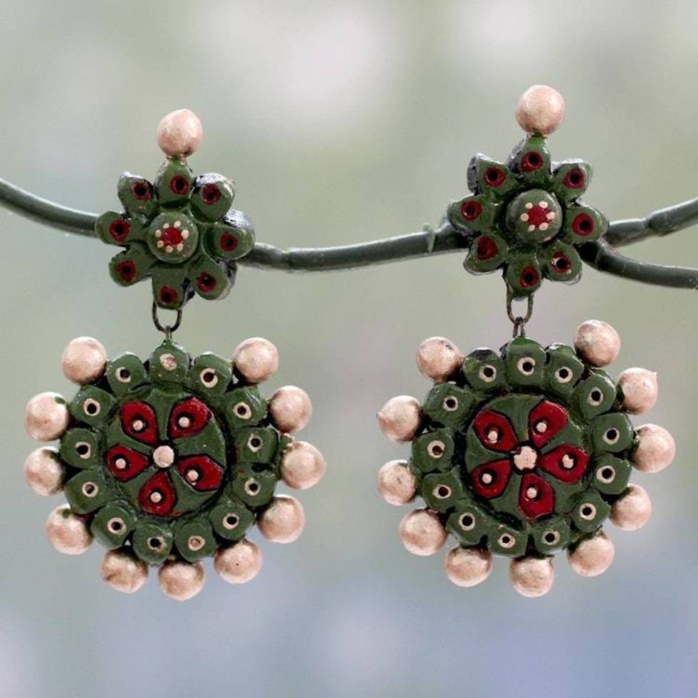 Green and Gold Ceramic Dangle Earrings from India 'Woodland Wonder'