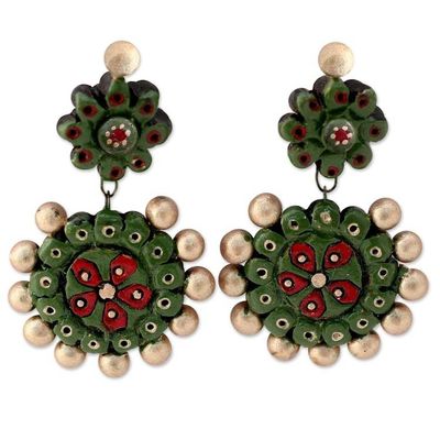 Alternate image for Green and Gold Ceramic Dangle Earrings from India Woodland Wonder