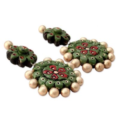 Alternate image for Green and Gold Ceramic Dangle Earrings from India Woodland Wonder