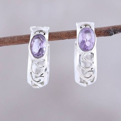 Alternate image for Oval Amethyst and Sterling Silver Openwork Hoop Earrings Eventide Glow