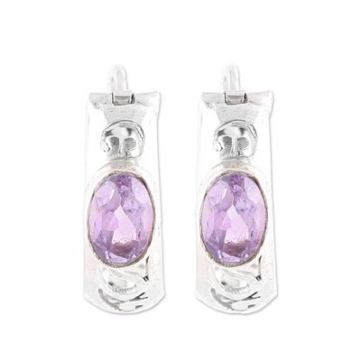 Alternate image for Oval Amethyst and Sterling Silver Openwork Hoop Earrings Eventide Glow