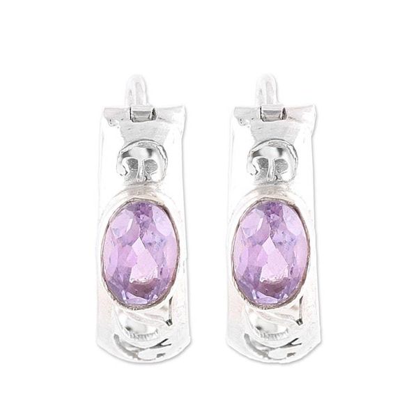 Alternate image for Oval Amethyst and Sterling Silver Openwork Hoop Earrings Eventide Glow